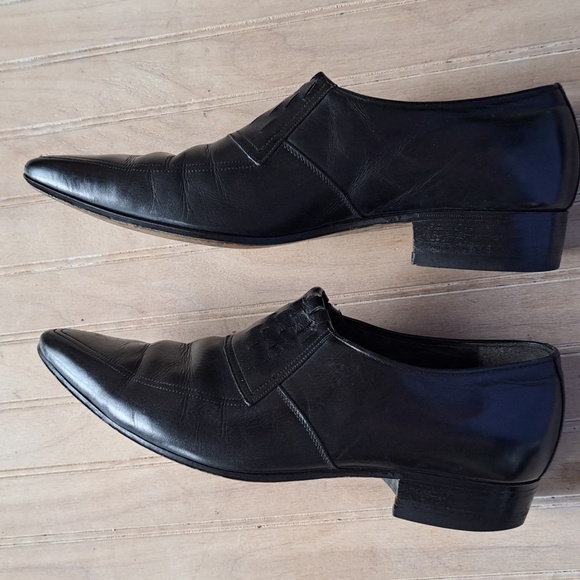 Vintage Rare Salamander Black Leather Dress Shoes Woven Pointed Toe Stacked Heel main image 6